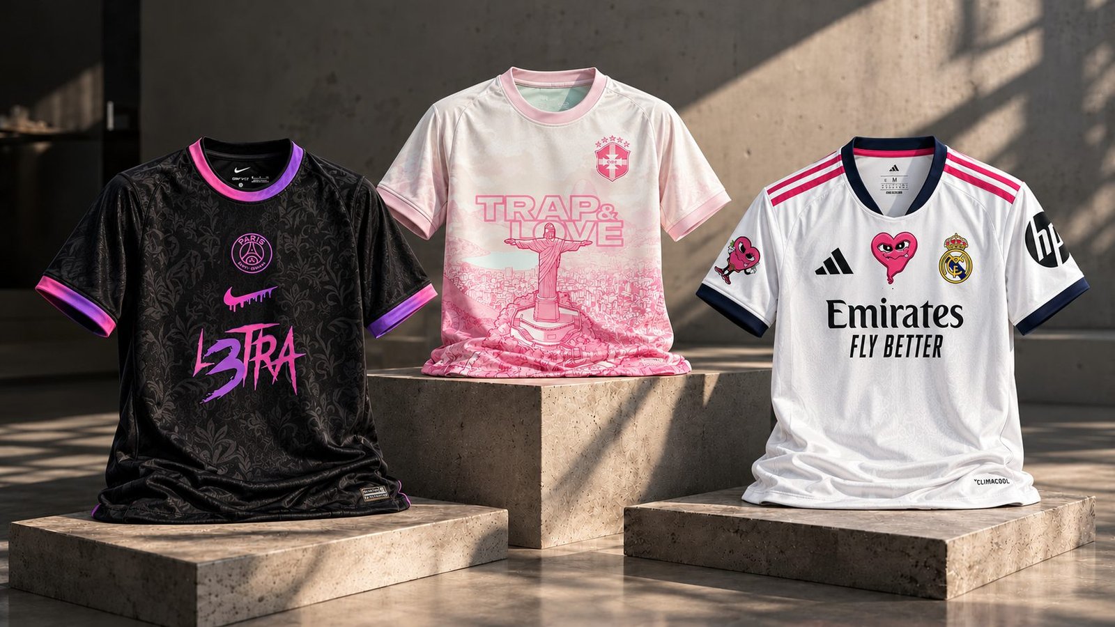 Camisetas de fútbol x cantantes sobre pedestales de hormigón